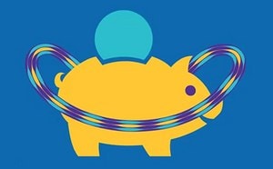 A yellow piggy bank with a blue circular coin on top, surrounded by colorful, swirling lines.