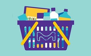 A colorful illustration of a shopping basket filled with various items, including bottles, boxes, and syringes, set against a light blue background.