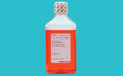 Cell culture buffer bottle on cyan background