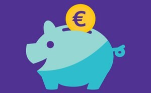 A blue piggy bank with a coin labeled "zł" being dropped into its slot, set against a purple background with colorful swirling lines.