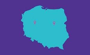 A blue silhouette of Poland is centered on a purple background. Two map pins are marked within the country, one in the central region and another in the southeastern part. The image is bordered by stylized, curved lines in blue and pink.