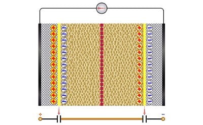 Example of a supercapacitor made from two electrodes, an electrolyte, and a separator to allow the transfer of ions, while keeping the polarizing electrodes separate.