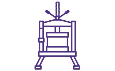 A purple line drawing of a traditional printing press, depicting quikscale® scalable family of columns