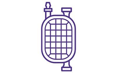 A purple outline of a gas cylinder with a grid pattern in the middle, featuring two valves at the top and a flat base.