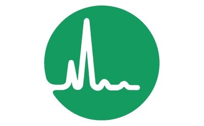 A green icon symbolizing analytical characterization, representing white colored peaks of different sizes as obtained on a chromatogram.