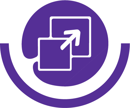 The image features a purple icon with two overlapping squares and an arrow pointing from the smaller square to the larger one, all enclosed within a circular border. 