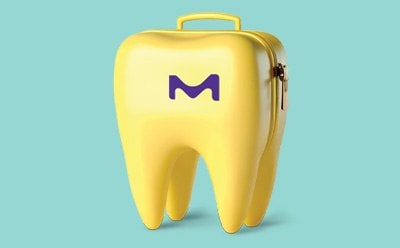 Vibrant yellow case shaped like a tooth represents Merck as a custom and bulk services provider to advance dental care.