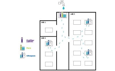 Lab setup with 1 RO water production station next to tap feed water plus 3 ultrapure water dispensing modules in different rooms