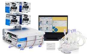 Mobius® Breez Microbioreactor equipped with 4 pneumatic optical digital (POD) controllers.