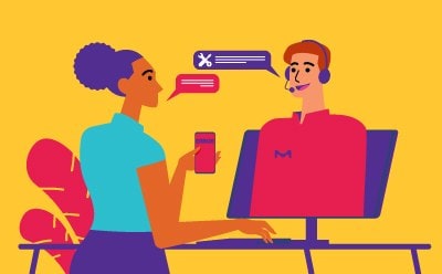 Illustration depicting two individuals interacting with technology, represents remote communication or virtual assistance technology.