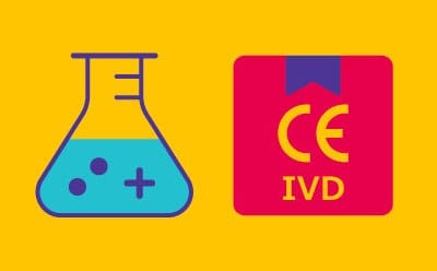  On the left, there is a stylized graphic of a blue Erlenmeyer flask. On the right, there is a red square with rounded corners displaying the letters ‘CE’ in white, followed by ‘IVD’ in smaller font size below it. 