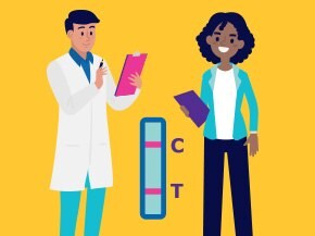 An illustration featuring a healthcare professional in a white coat holding a clipboard, standing next to a smiling woman in a teal jacket holding a tablet. The background is a bright pink, and a diagnostic test strip is visible to the right, marked with "C" and "T" labels.