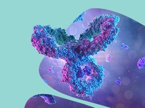 Digital illustration of antibodies on a gradient teal and purple background. The antibodies are depicted as multi-colored, three-dimensional structures with intricate surfaces, showing a range of colors from blue to purple.