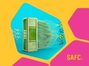 a green and beige device resembling a data server, with colorful plant-like elements and digital motifs emerging from it. The background is bright yellow with geometric shapes in pink and orange, and the text 'SAFC - Pharma & Biopharma Raw Material Solutions' is displayed in the bottom right corner.