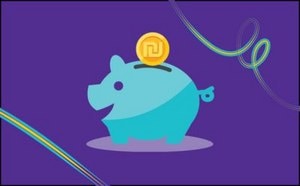 blue piggy bank with a Shekel ILS coin on top against a purple background