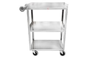 Blickman's Light Duty Utility Cart which includes three solid stainless steel shelves with one push handle.