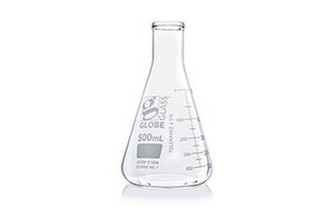 Glass Erlenmeyer Flasks 500ml with dual graudation, Narrow Mouth, from company Globe Scientific.