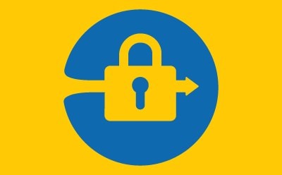 A graphic of a yellow lock with an arrow pointing to the right, set inside a blue circle on a yellow background.