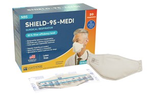 Package of the LWS SHIELD-95-MEDI Surgical N95 Respirator Mask