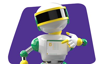 A stylized illustration of a robot with a white and green color scheme, holding a paper airplane in its right hand. The robot has a round head with a visor-like eye, and its body appears to be made of various geometric shapes. The background is a simple blue with rounded corners.