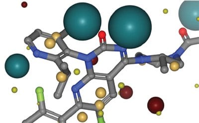 A 3D molecular model displaying various atoms represented by colored spheres and rods. The structure includes large teal spheres indicating specific atoms, while smaller spheres in yellow, red, and brown represent other elements. The connections between atoms are depicted with gray and blue rods, illustrating the molecular framework. 