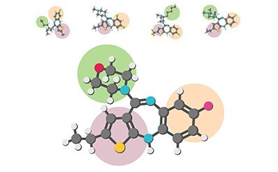 Die Abbildung zeigt ein komplexes organisches Molek&uuml;l mit verschiedenen Atomen, die als farbige Kugeln dargestellt sind und durch Linien verbunden sind, die Bindungen darstellen. Um das zentrale Molek&uuml;l herum befinden sich kleinere Atomcluster, m&ouml;glicherweise funktionelle Gruppen oder Fragmente, die jeweils mit einem andersfarbigen Hintergrund hervorgehoben sind, um die Bestandteile des Molek&uuml;ls oder dessen Art zu unterscheiden.