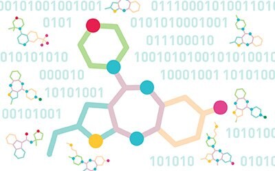 Die Abbildung ist eine k&uuml;nstlerische Darstellung bunter Molek&uuml;lstrukturenvor einem Hintergrund aus Bin&auml;rcode, wodurch die Verschmelzung von Biologie und Digitaltechnik betont wird. Die Molek&uuml;le, deren Farben Gr&uuml;n, Blau, Rot, Gelb und Orange sind, symbolisieren verschiedene Atome und Bindungen, w&auml;hrend der Bin&auml;rcode-Hintergrund auf das Gebiet der Bioinformatik verweist.