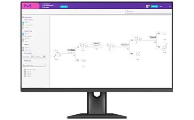 Screen view of SYNTHIA™ Retrosynthesis Software showing a detailed pathway for chemical compound synthesis.