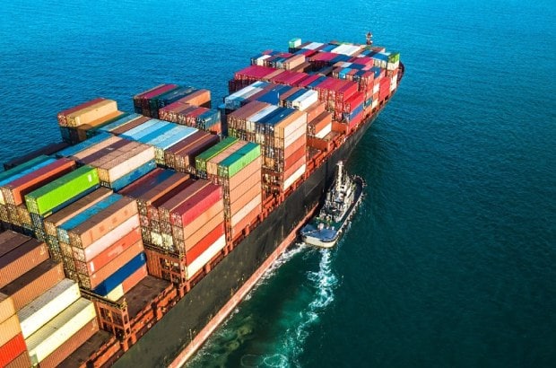 A large container ship in the water.