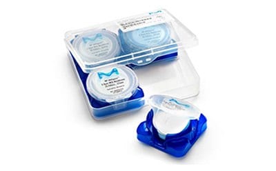 Blue and clear polypropylene containers, showing improved usability and reduced plastic use.