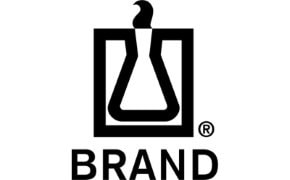 A black and white logo featuring a stylized laboratory flask within a square frame, with the word "BRAND" below it.