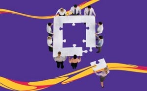 A group of people standing around a large puzzle with a missing piece, set against a purple background with yellow and red swirls.