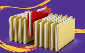 A collection of yellow file folders with one red file folder standing out, set against a purple background with yellow and red swirls.