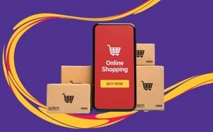 A smartphone displaying "Online Shopping" with a shopping cart icon, surrounded by cardboard boxes, on a purple background with yellow and red swirls.