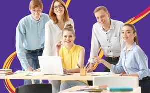 A group of five people collaborating around a table with a laptop and documents, set against a purple background with yellow and red swirls.