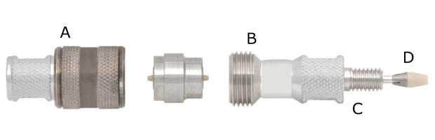 A real photograph of an Ascentis® Express guard column is depicted, showcasing its clearly separated parts identified as A, B, C, and D