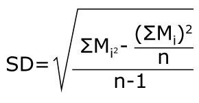 Equation to determine standard deviation (SD), defined as the square root of the sum of the mass of the individual weight measurements squared minus the sum of the mass of the individual weight measurements squared over the number of measurements, over n minus 1