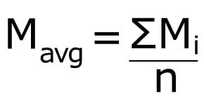 Equation to determine mean mass (M average), as defined by the mass of individual weight measurements in grams (M sub i) divided by the number of measurements (n).