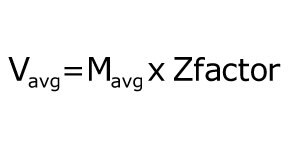 Equation to determine mean volume (V average), as defined by the average mass (M sub average) multiplied by the Z-factor.