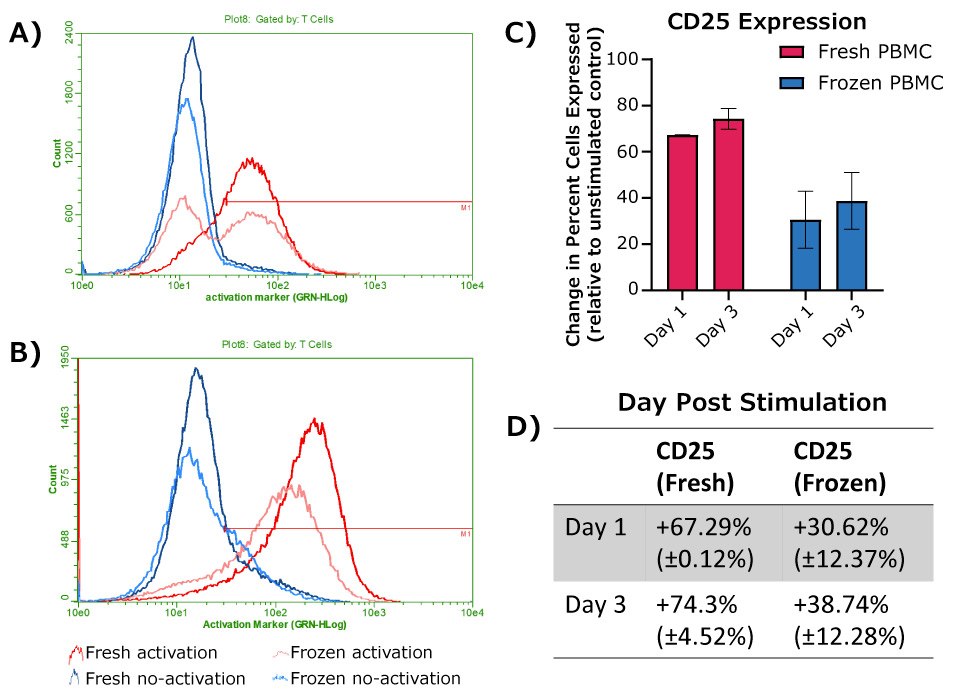 CD25 expression of activated T cells from cryopreserved PBMCs.