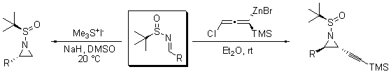 A chemical reaction diagram illustrating the transformation of a sulfur-containing compound. The diagram shows a central structure with a sulfur atom (S) bonded to nitrogen (N) and two functional groups (R). The reaction pathway includes reagents such as trimethylsulfonium (Me₃S⁺), sodium hydride (NaH), and dimethyl sulfoxide (DMSO) at 20°C. Further steps involve zinc bromide (ZnBr) and a terminal alkyne (TMS) in diethyl ether (Et₂O) at room temperature (rt), leading to the formation of a new sulfur-containing compound on the right.