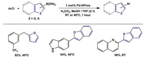 Heteroaryl Suzuki-Miyaura using Pd(1-tBu-Indenyl)(XPhos)(Cl)