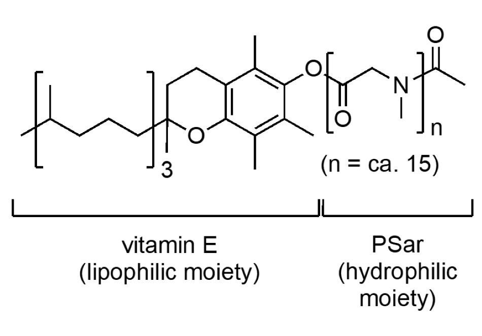 The structure of the surfactant Savie highlighting the different parts of the structure, the lipophilic vitamin E on one end and the hydrophilic polysarcosine (PSar) on the other end. 