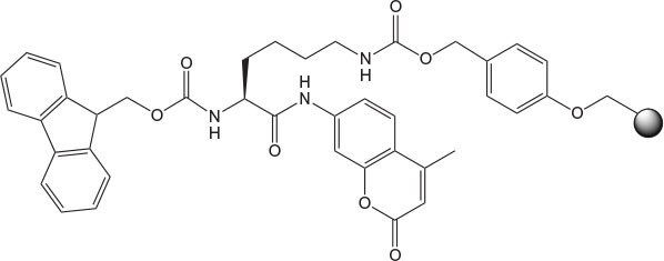 Chemical structure of Fmoc-Lys(carbamate Wang resin)-AMC