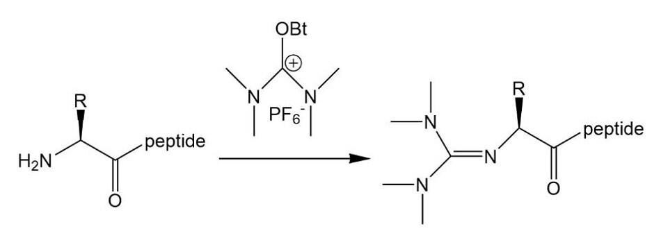 A chemical reaction depicting a peptide undergoing guanidinylation, addition of guanidinium group, in the presence of a uronium-based peptide coupling reagent.