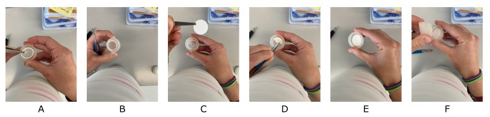 Sequential photos showing assembly of Swinnex® filter devices. First photo shows forceps being used to remove gasket and O-ring. The next three photos show placement of filter in the device using forceps. The last two photos show replacement of the gasket and tightening of filter holder. 