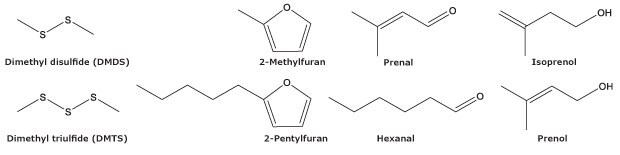 Chemical structures of characteristic compounds produced by insects during their larval stage.