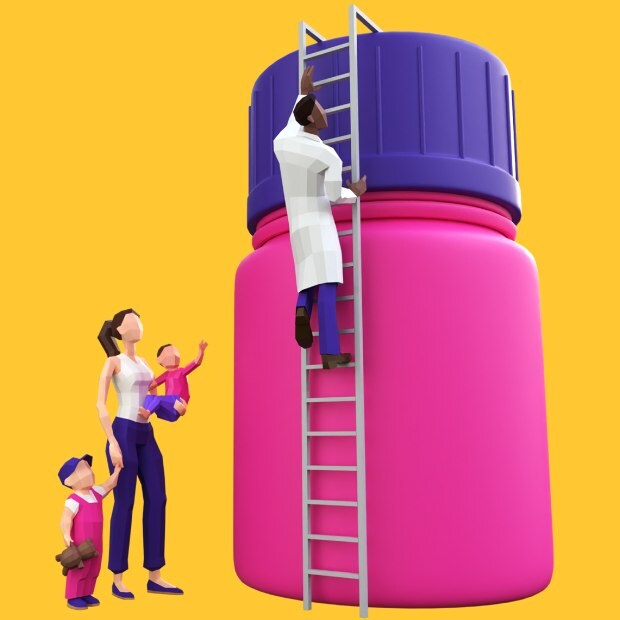 A giant pink medicine bottle with a purple lid against a vibrant yellow background. A scientist climbs a ladder to reach the bottle’s cap, while a mother and her two small children stand to the side looking up at the scientist.