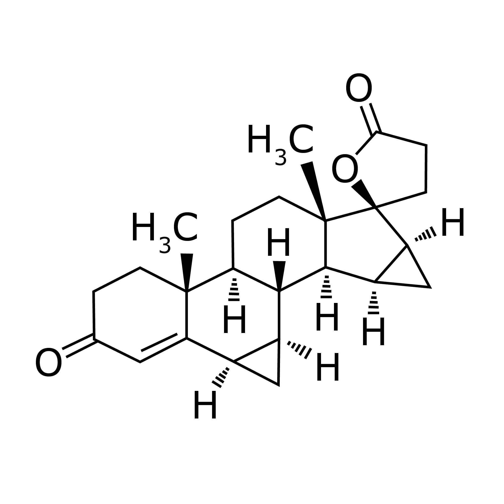 Chemical structure of drospirenone, a synthetic progestin, illustrated with multiple carbon rings, hydroxyl (–OH) and carbonyl (–C=O) groups, along with hydrogen atoms.