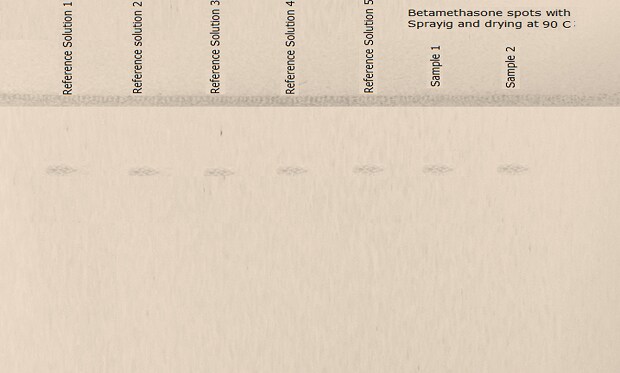 A thin-layer chromatography (TLC) plate, visualized under daylight after spraying with test solution, followed by drying at 90˚C, in buff color. A line is drawn at the top, with tracks labeled above it. The plate shows faintly colored seven distinct spots at same position: five labeled as reference solution 1, 2, 3, 4, and 5 respectively (from left to right) and the last two on the right labeled as sample solution 1 and 2. 